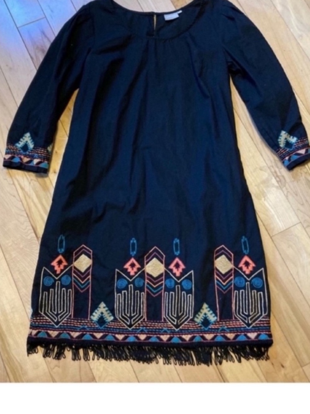 eShakti Black cotton dress colorful embroidery w tassel fringe hem size medium